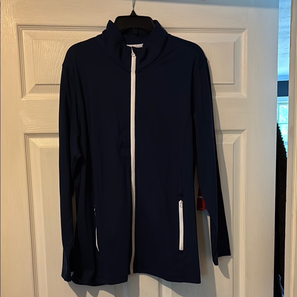 Avenue Blue and White Bomber Jacket with Athletic Style
